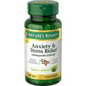 Nature's Bounty Anxiety & Stress Relief | Ashwagandha KSM-66 | L-Theanine 200mg | 50 Tablets | 07/2028