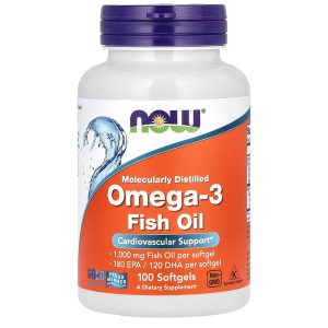 Now Molecularly Distilled Omega-3 EPA 180, DHA 120, 1000mg Fish Oil Per Softgel |  100 Softgels | 07/2029